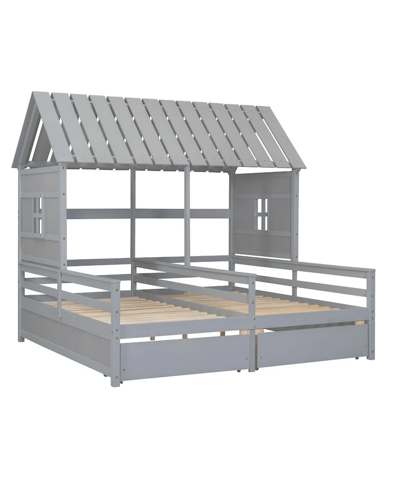 Twin House Platform Beds with Two Drawers for Boy and Girl Shared Beds, Combination of 2 Side by