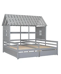 Twin House Platform Beds with Two Drawers for Boy and Girl Shared Beds, Combination of 2 Side by