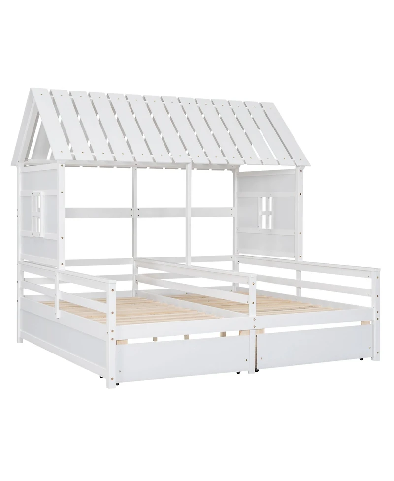 Twin House Platform Beds with Two Drawers for Boy and Girl Shared Beds, Combination of 2 Side by