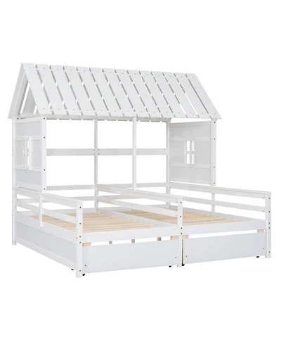 Twin House Platform Beds with Two Drawers for Boy and Girl Shared Beds, Combination of 2 Side by