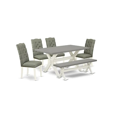 East West Furniture 6-Pc Dining Table Set- 4 Parson Chairs with Smoke Linen Fabric Seat and Button Tufted Chair Back