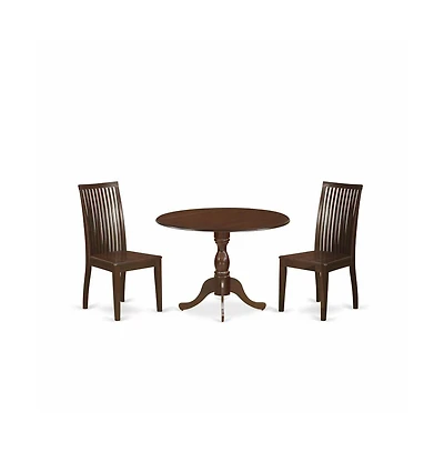 East West Furniture 3 Piece Dropleaf Dining Table Set - Mahogany Wood Table and 2 Mahogany Kitchen Table Chairs with Slatted Back - Mahogany Finish
