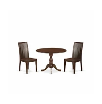 East West Furniture 3 Piece Dropleaf Dining Table Set - Mahogany Wood Table and 2 Mahogany Kitchen Table Chairs with Slatted Back - Mahogany Finish