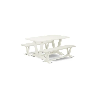 East West Furniture Pc Table Set - 1 Linen White Wood Dining Table and 2 Mid Century Modern Bench - Stable and Durable Construction