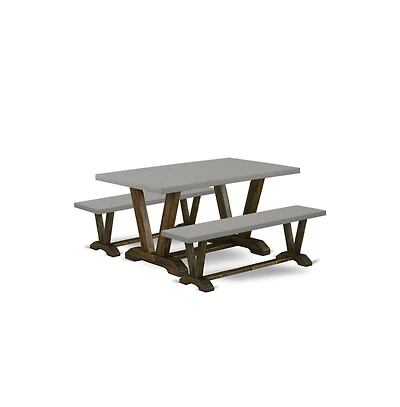 East West Furniture 3 Piece Kitchen Table Set - 1 Cement Kitchen Table and 2 Small Wood Bench - Stable and Durable Construction