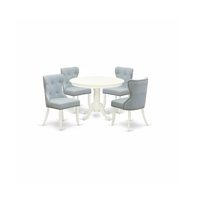 East West Furniture dining set of 4 amazing kitchen dining chairs with Linen Fabric Baby Blue color and a beautiful 42-Inch Round dining table with Li