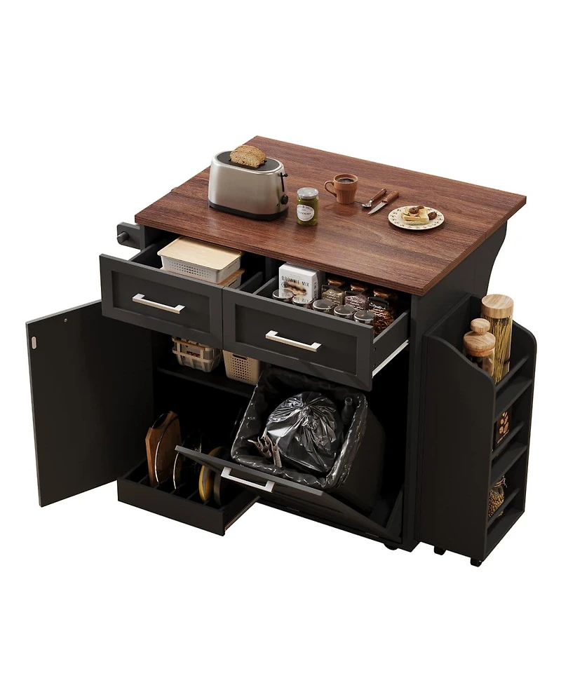Maison Boucle 35.8" White Farmhouse Kitchen Island with Drop Leaf, Hidden Trash Bin, Removable Side Rack, Storage Drawers & Locking Wheels-Maison Bouc