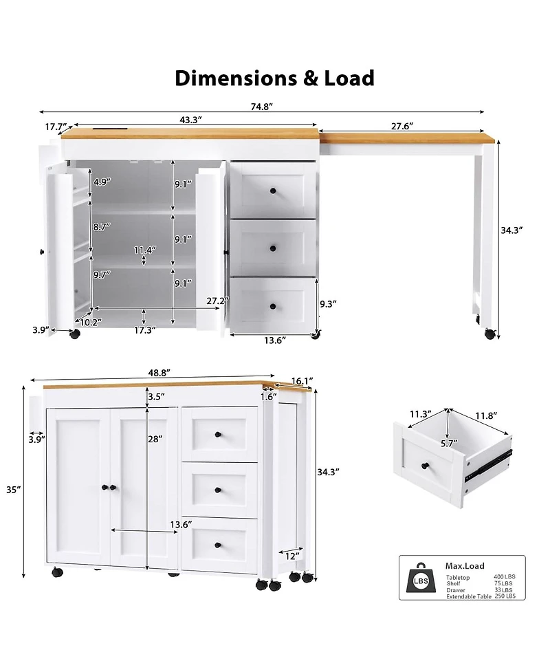 Maison Boucle 74.8" Expandable Kitchen Island with Slide-Out Table, Drawers & Usb Outlet-Maison Boucle