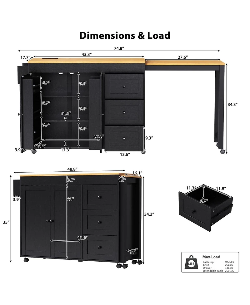 Maison Boucle 74.8" Expandable Kitchen Island with Slide-Out Table, Drawers & Usb Outlet-Maison