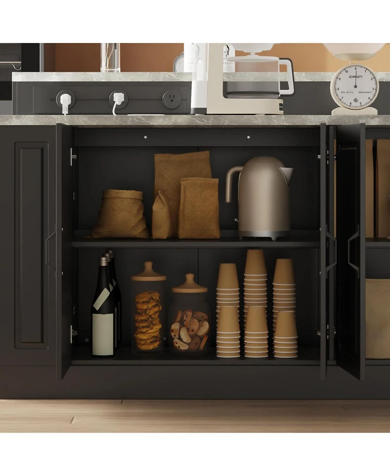 Kitchen island with 4 drawers, 4 doors, sockets, kitchen island storage table with dining table, coffee station and microwave rack for home, dining ro