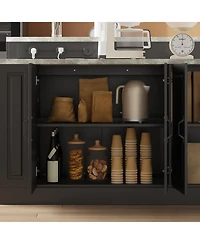 Kitchen island with 4 drawers, 4 doors, sockets, kitchen island storage table with dining table, coffee station and microwave rack for home, dining ro
