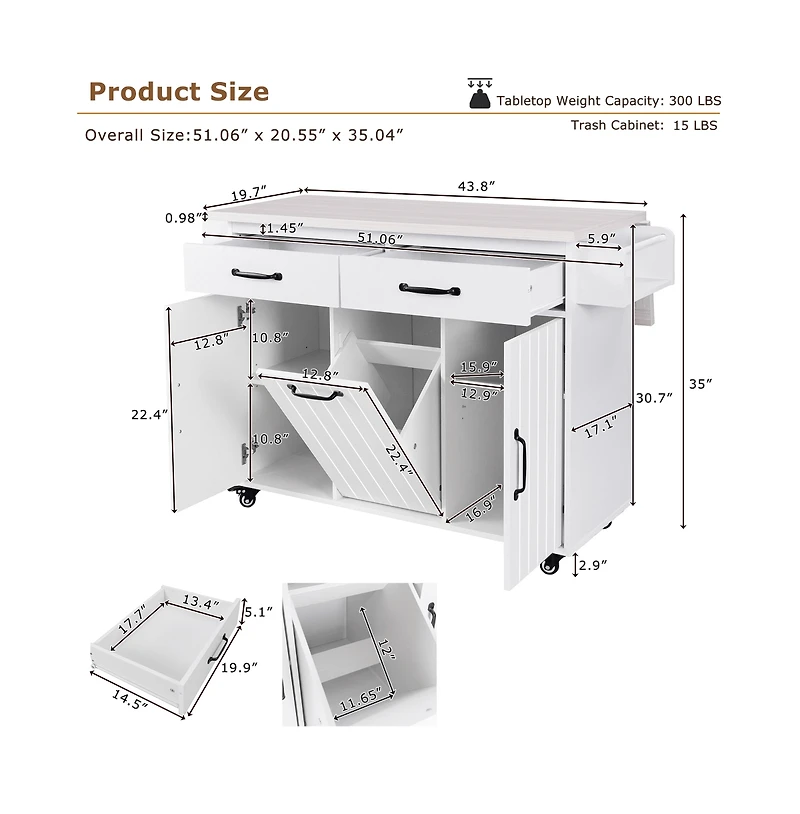 Maison Boucle Rolling Kitchen Island with Drop Leaf and Trash Can Storage, Mobile Cart with Drawers & Cabinets for Small Kitchens-Maison Boucle