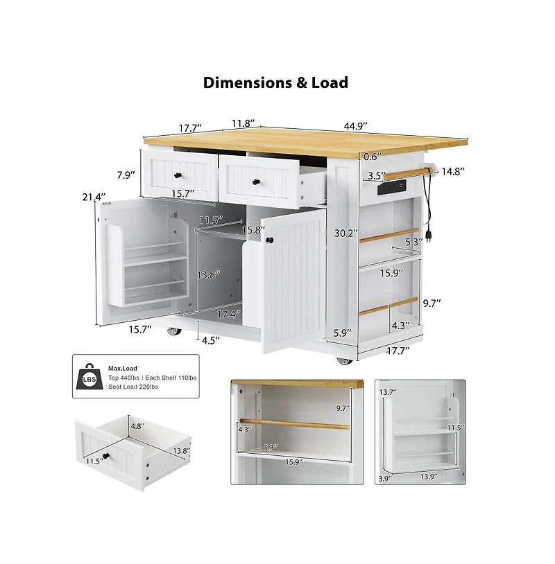 Maison Boucle 48'' Farmhouse-Style White Kitchen Island Cart with Foldable Countertop, Power Strip, 5 Side Racks, and Drawers-Maison Boucle