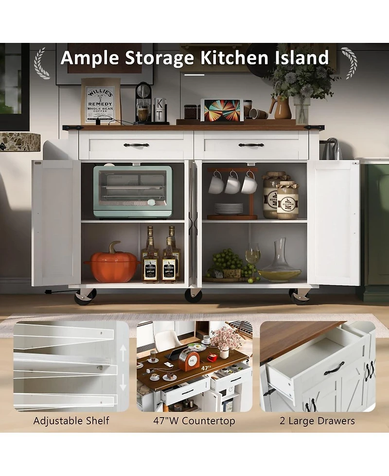 Maison Boucle 47.2" White Farmhouse Rolling Kitchen Island Cart with Drop Leaf, Power Outlet, Spice Rack, Drawers & Storage Cabinet-Maison