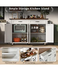 Maison Boucle 47.2" White Farmhouse Rolling Kitchen Island Cart with Drop Leaf, Power Outlet, Spice Rack, Drawers & Storage Cabinet-Maison
