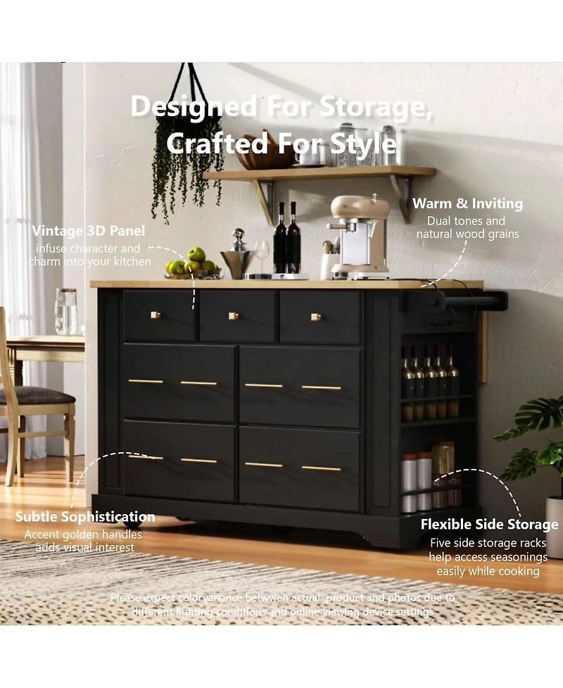 Maison Boucle Rolling Kitchen Island Cart with 6 Drawers, Pull-Out Trash Bin Cabinet, Drop Leaf, Power Outlet & Side Racks for Storage-Maison