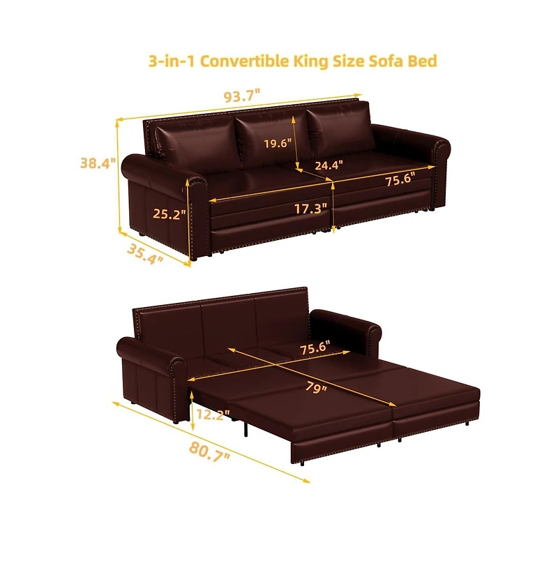 Maison Boucle 93.7" Faux Leather King Pull Out Sofa Bed, 3-in-1 Convertible Sleeper Couch with Rolled Arms & Nailhead Trim for Living Room-Maison Bouc