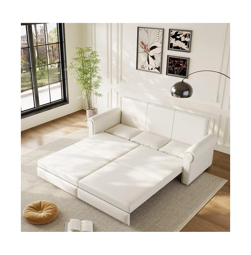 Maison Boucle 93.7" Faux Leather King Pull Out Sofa Bed, 3-in-1 Convertible Sleeper Couch with Rolled Arms & Nailhead Trim for Living Room-Maison Bouc