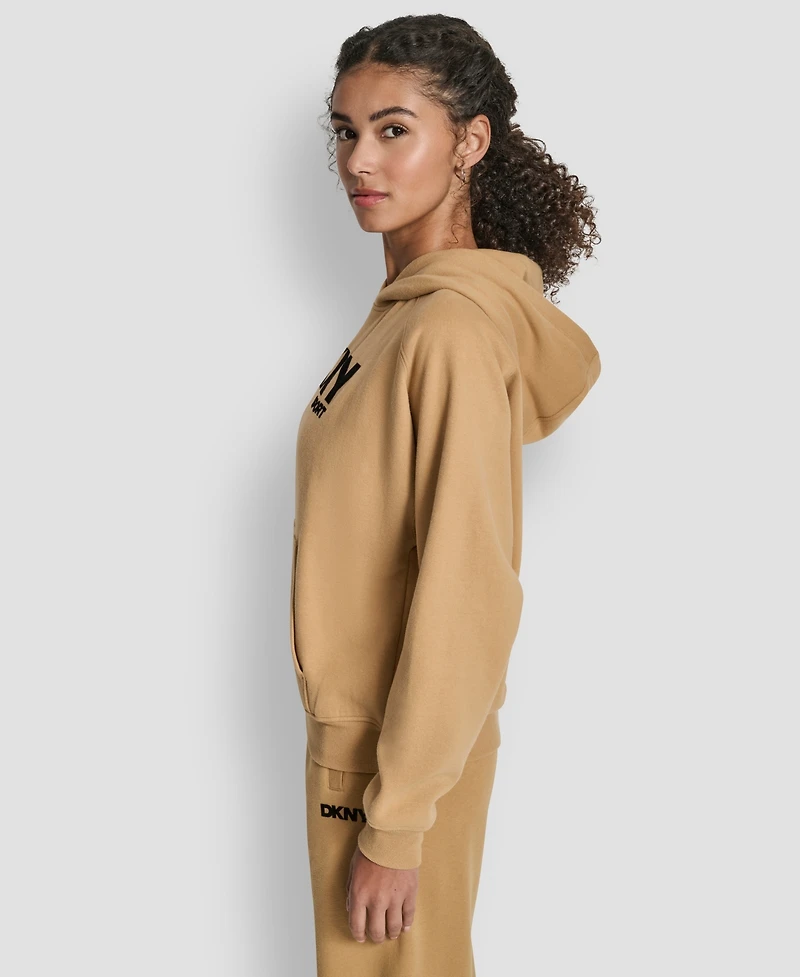 Dkny Women's Flock Logo Kanga Pocket Pull-On Hoodie