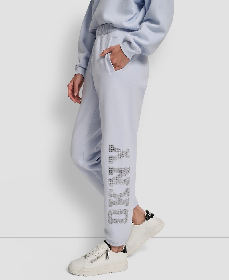 Dkny Women's Exploded Rhinestone Varsity Logo High Rise Relaxed Jogger
