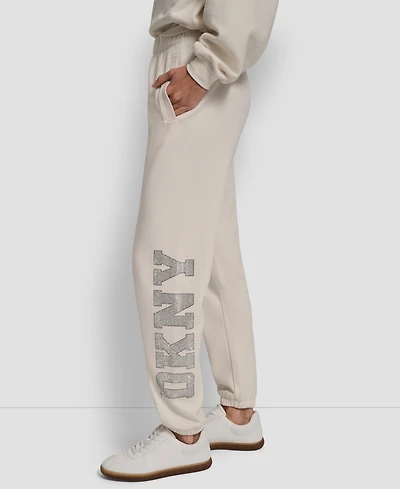 Dkny Women's Exploded Rhinestone Varsity Logo High Rise Relaxed Jogger