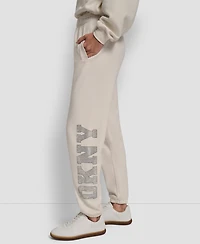 Dkny Women's Exploded Rhinestone Varsity Logo High Rise Relaxed Jogger