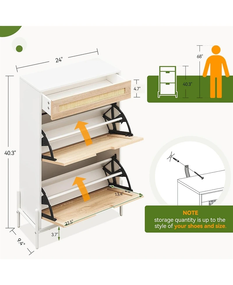 Natural Rattan Storage Cabinet with 2 Flip Drawers, Wooden Entry Way Cabinet with Storage with Adjustable Shelf and Metal Legs, White