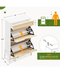 Natural Rattan Storage Cabinet with 2 Flip Drawers, Wooden Entry Way Cabinet with Storage with Adjustable Shelf and Metal Legs, White