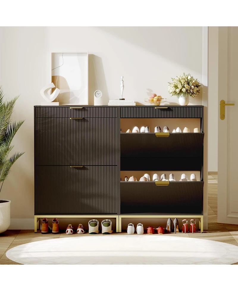 gaomon Wave Design Shoe Cabinet with 2 Flip Drawers, a Drawer,Wooden Shoe Organizer with Large Capacity, Hidden Shoe Racks for Entryway, Black