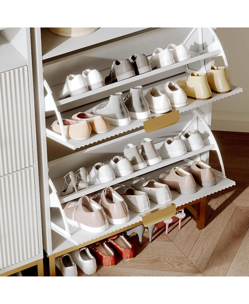 gaomon Narrow Shoe Cabinet Storage for Entryway, Modern Fluted Shoe Rack Organizer with 2 Flip Drawers and an Open Shelf for Hallway, Living Room, Whi