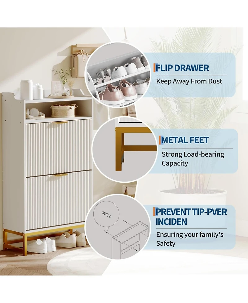 gaomon Narrow Shoe Cabinet Storage for Entryway, Modern Fluted Shoe Rack Organizer with 2 Flip Drawers and an Open Shelf for Hallway, Living Room, Whi