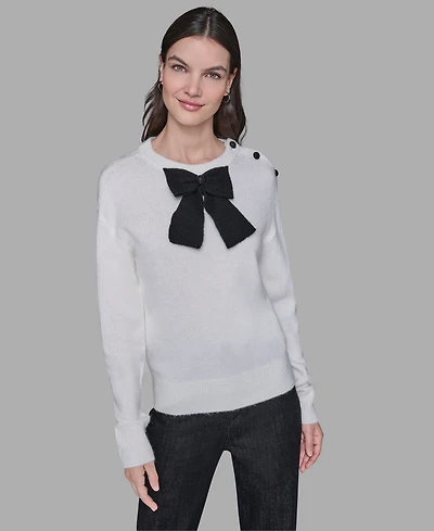 Karl Lagerfeld Paris Women's Big Bow Applique Long Sleeve Sweater