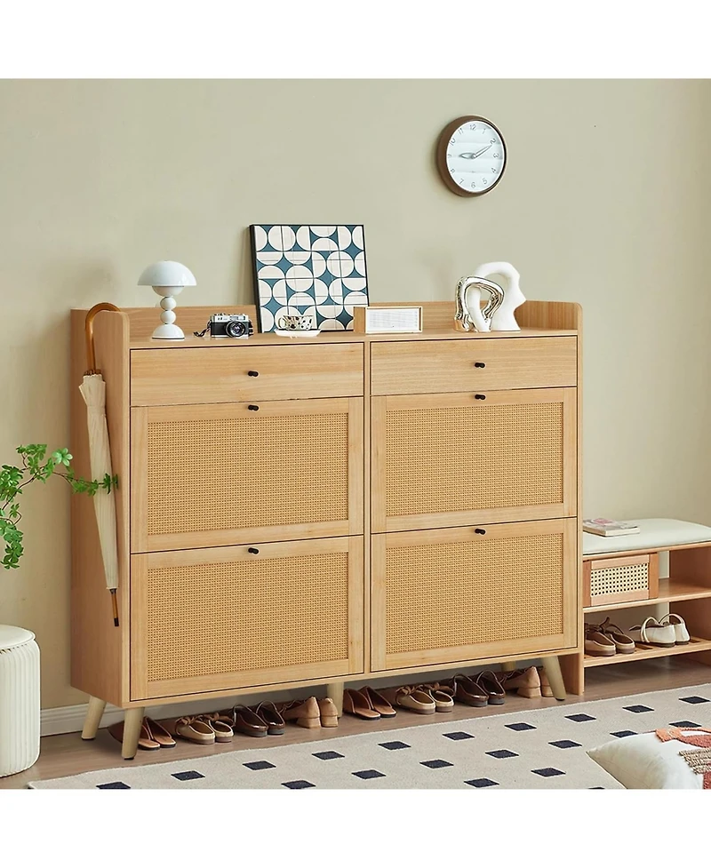 gaomon Shoe Cabinet Storage with 4 Flip Drawers, Rattan Narrow Shoe Rack Cabinet Storage for Entryway Hallway Living Room Closet, Nature Oak