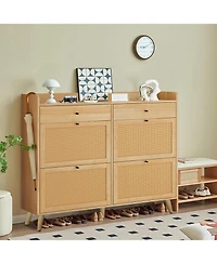 gaomon Shoe Cabinet Storage with 4 Flip Drawers, Rattan Narrow Shoe Rack Cabinet Storage for Entryway Hallway Living Room Closet, Nature Oak