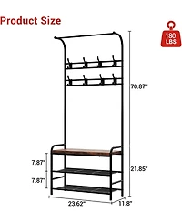 Hall Tree Shoe Bench, 4-in-1 Industrial Entryway Storage Bench with 8 Sturdy Hooks, Freestanding Coat Rack for Small Spaces, Apartments, Retro Brown