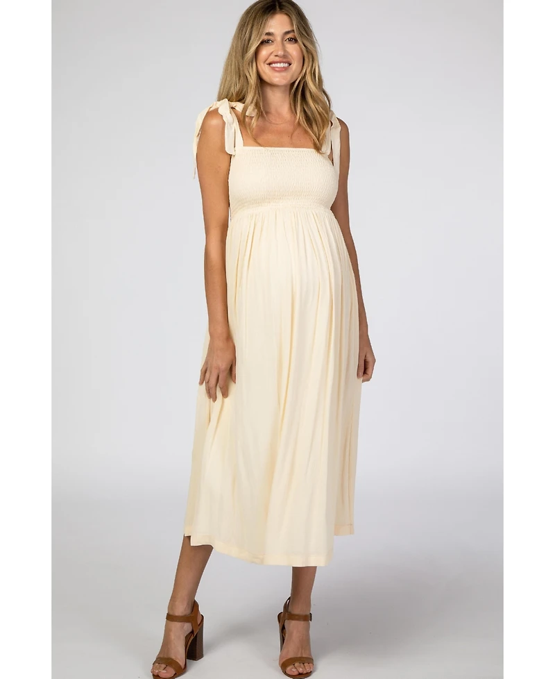 Pinkblush Maternity Beige Smocked Tie Strap Midi Dress
