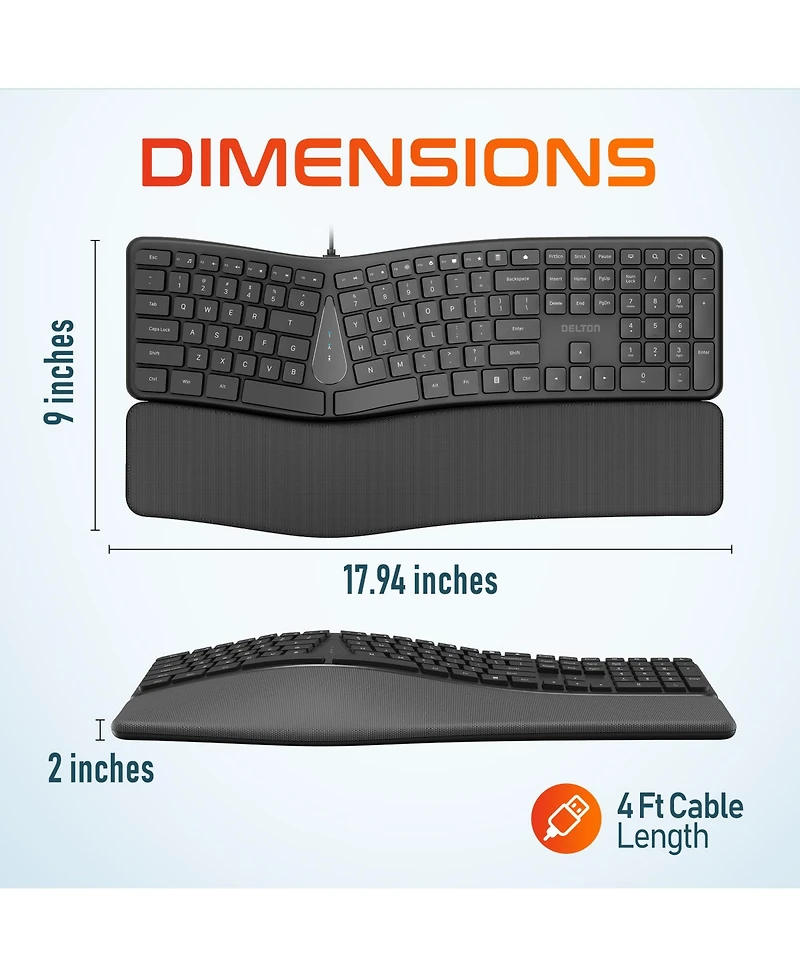 Delton KB250 Ergonomic Keyboard with Wrist Rest Pad (DKBE250-u)