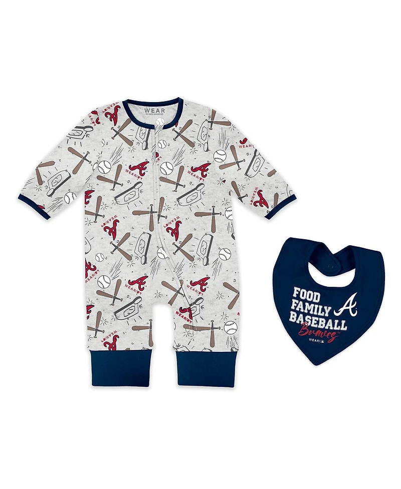 Wear by Erin Andrews Baby Boys and Girls Heather Gray Atlanta Braves Sleep Play Full-Zip Sleeper Bib Set