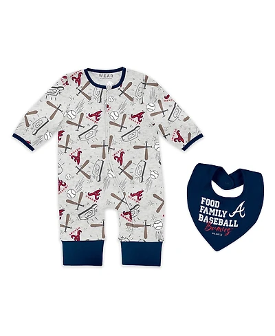Wear by Erin Andrews Baby Boys and Girls Heather Gray Atlanta Braves Sleep Play Full-Zip Sleeper Bib Set