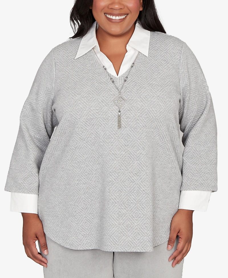 Alfred Dunner Plus Stockbridge Diamond Jacquard Two One Top With Necklace