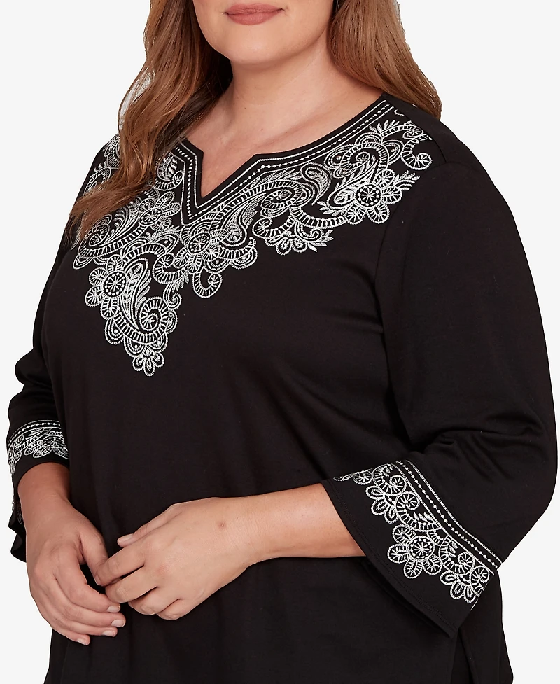 Alfred Dunner Plus Barcelona Embroidered Scroll Accent Soft Knit Top