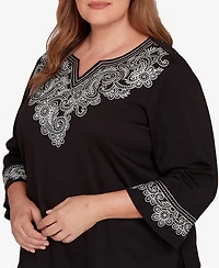Alfred Dunner Plus Barcelona Embroidered Scroll Accent Soft Knit Top