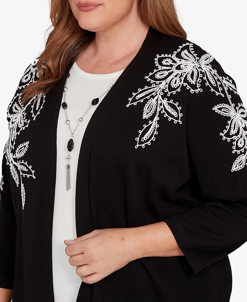 Alfred Dunner Plus Barcelona Floral Soutache Two One Sweater With Necklace