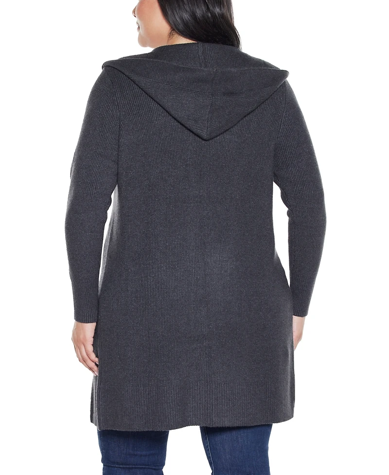 Belldini Plus Hooded Novelty-Stitch Coatigan Sweater