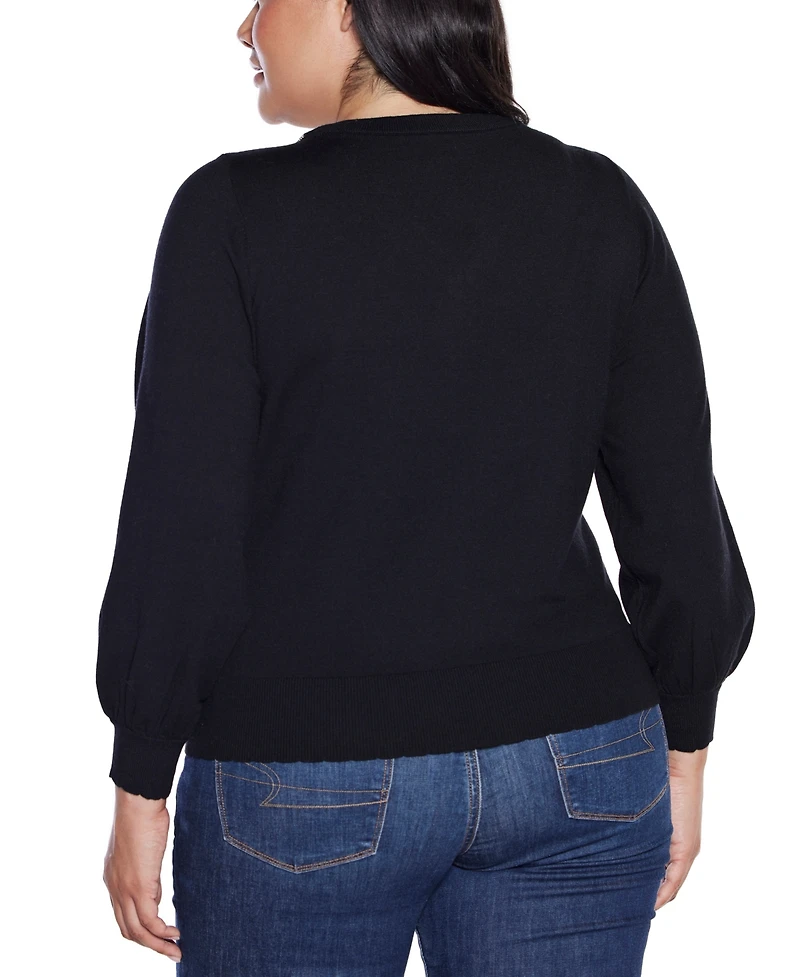 Belldini Plus Size V-Neck Rhinestone-Bow Sweater