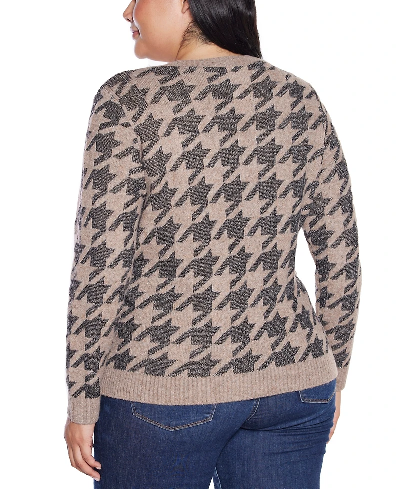 Belldini Plus Size Stylized-Houndstooth V-Neck Sweater