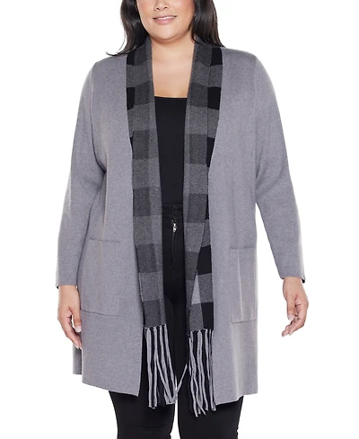 Belldini Plus Black Label Scarf-Effect Open-Front Coatigan Sweater