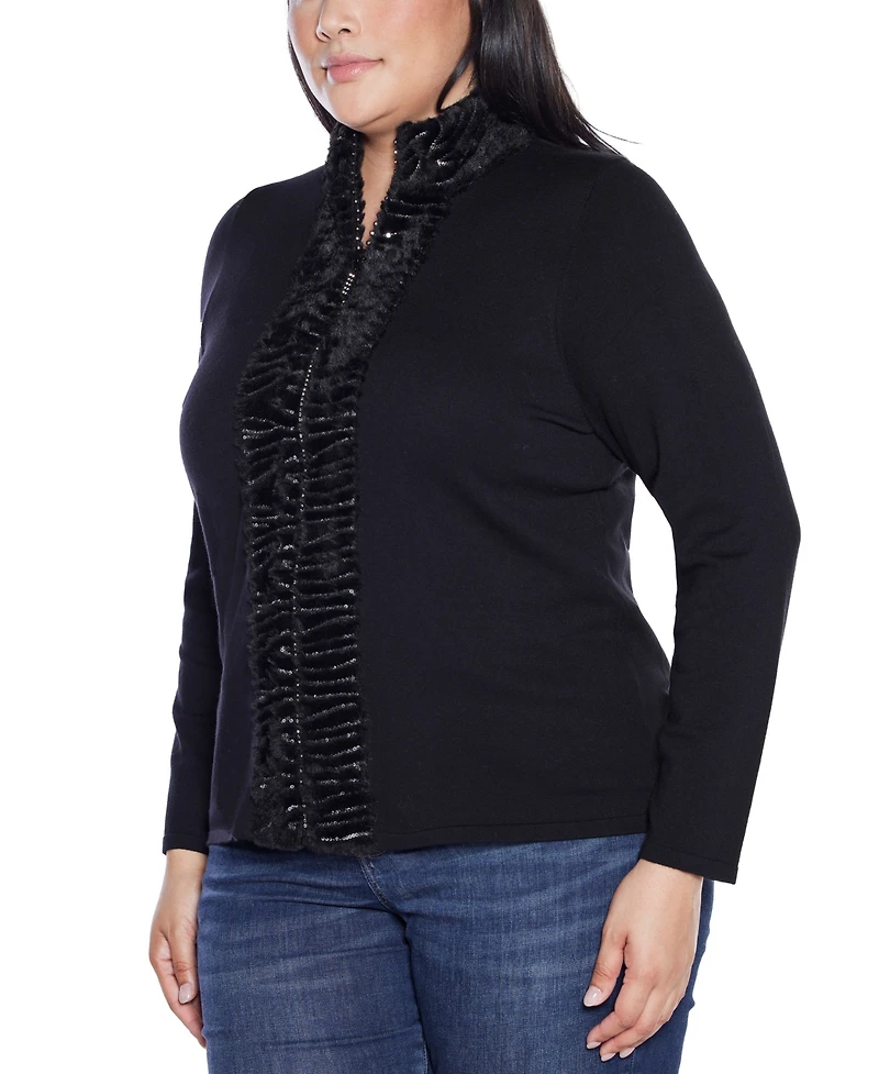 Belldini Plus Black Label Trim Rhinestone-Zip Cardigan Sweater