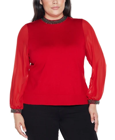 Belldini Plus Black Label Rhinestone-Neckline Chiffon-Sleeve Sweater