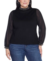 Belldini Plus Black Label Rhinestone-Neckline Chiffon-Sleeve Sweater
